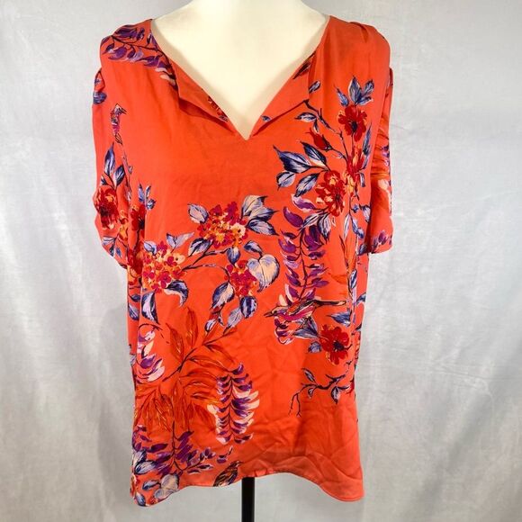 DR2 beautiful split neck orange floral blouse top size XL - Picture 1 of 7
